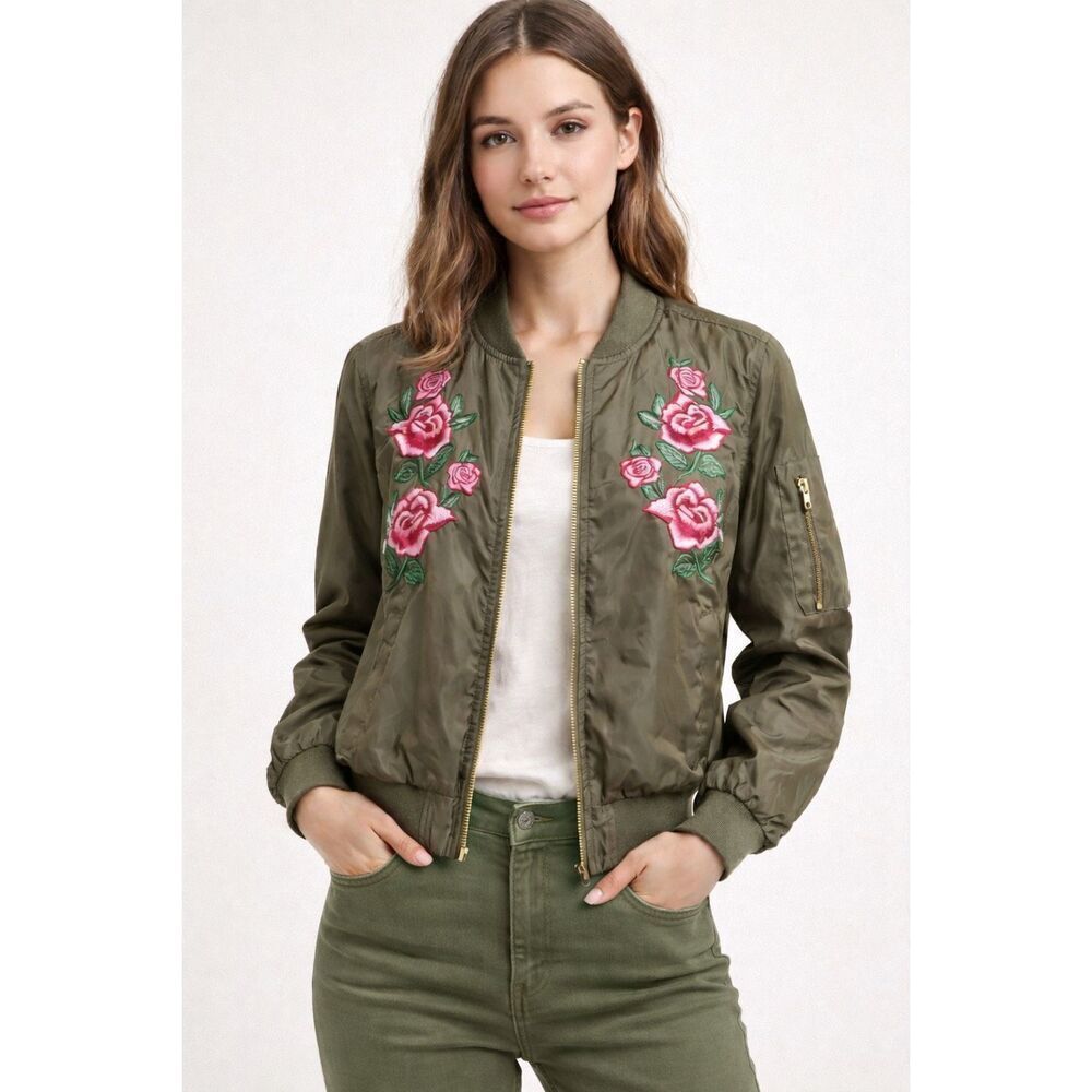 Love Tree Olive Green Floral Embroidered Bomber Jacket Medium